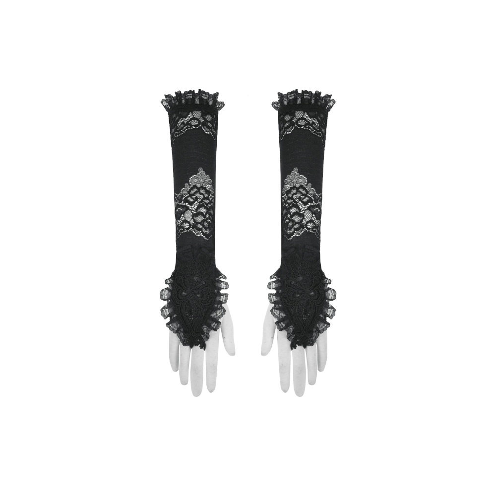 Dark in Love - Gothic Romantic Lace Embroidered Gloves - Black